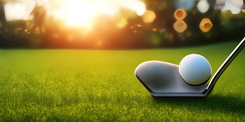 a golf club resting on the grass with a golf ball on a tee