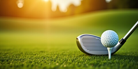 a golf club resting on the grass with a golf ball on a tee