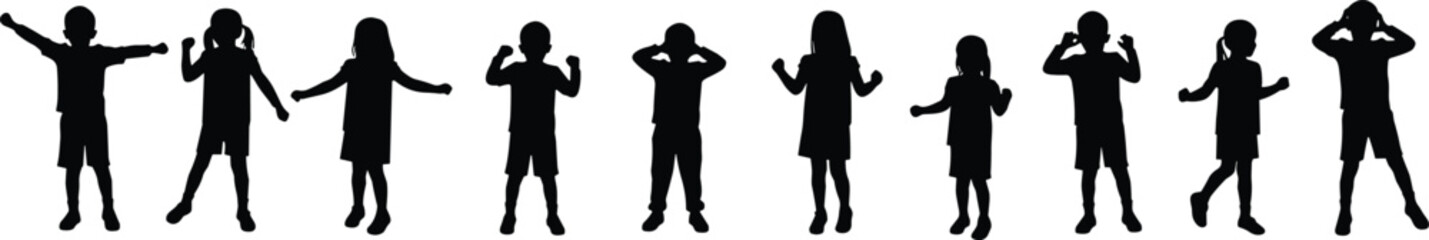 Silhouette of playful children in various active poses, kids having fun, expressing emotions, isolated on white background, energetic child illustration