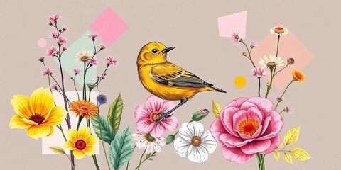 Fototapeta premium Trendy collage of yellow warbler sketch, botanicals, geometric shapes & abstract elements, minimalist, collage