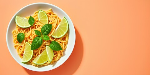 A bowl of fresh pasta with slices of lime and sprigs of mint on top