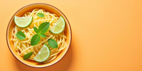 A bowl of fresh pasta with slices of lime and sprigs of mint on top
