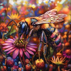 Pollination in Action: A Bee Collects Nectar from a Bright, Colorful Flower, bee on flower