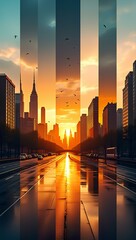 a city skyline at sunset, divided into several vertical sections