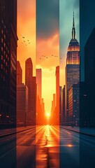 a city skyline at sunset, divided into several vertical sections