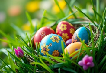 Vibrant painted eggs nestled in bright green spring grass,  eggs,  green
