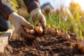 Tulip bulbs planted in a sunny autumn garden Fall gardening backdrop