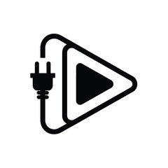Black play button icon connected to an electrical plug on a white background