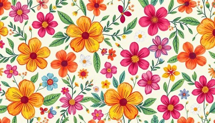 Whimsical hand-drawn floral seamless pattern with colorful flowers and leaves, colorful, fabric