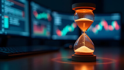 A digital hourglass counts down with falling market data — a symbol of urgency and time sensitivity in trading.