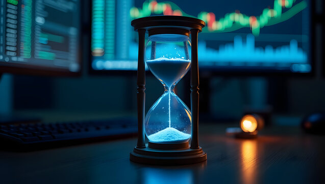 A digital hourglass counts down with falling market data — a symbol of urgency and time sensitivity in trading.