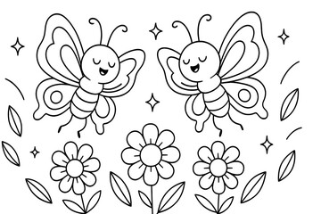 Two butterflies dance above flowers in a magical field. A delightful scene for kids to color