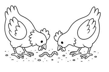 Two chickens peck the ground for worms in the farmyard. A simple, fun coloring activity for kids