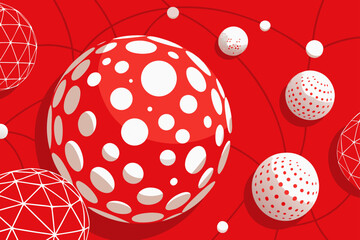 Red and white spheres with geometric patterns abstract