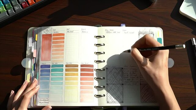 Person hand-drawing in a planner with color palettes and ink sketches