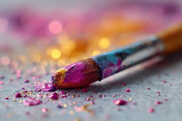 Fototapeta premium Close-up of an artist's paintbrush saturated with vibrant pink and yellow paint resting on a