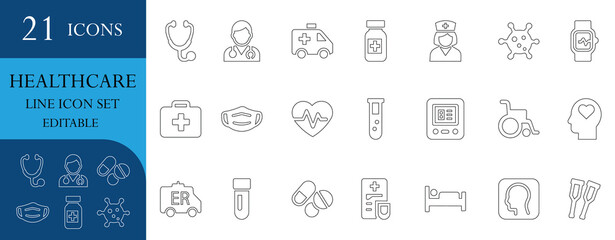 Health care icon set featuring hospital, doctor, nurse, stethoscope, emergency, medicine, patient, consultation, and clinical symbols