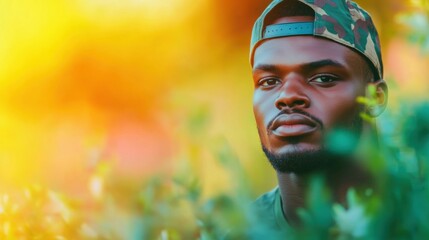 Young man in a cap gazes thoughtfully from a lush green background