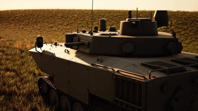 A close-up side view of an armored combat vehicle, possibly a light tank or infantry fighting vehicle, stationed in an open grassland field during golden hour. The vehicle is equipped with a turret-mo
