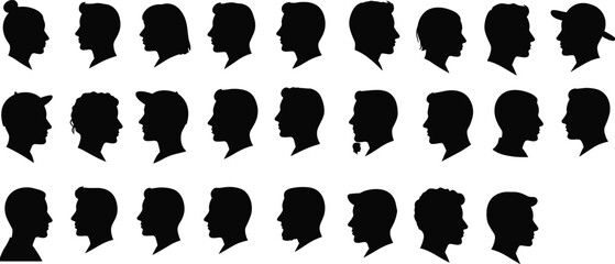Silhouette profile portraits of diverse men and women, side view head icons collection, black shadow heads vector illustration, isolated background © Md Rofequl Islam