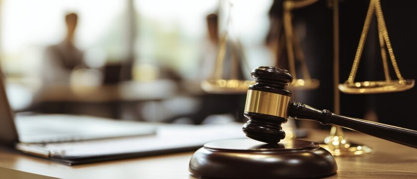 The gavel symbolizing justice and law in a modern courtroom setting.