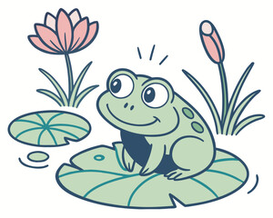 Cute and colorful frog vector illustration, sitting on a lily pad with a playful expression, large round eyes, and smooth green skin