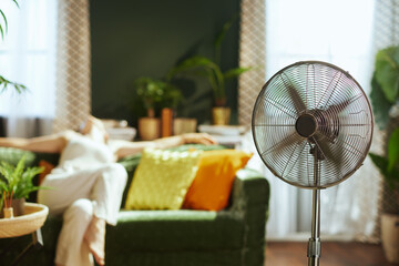 A metallic standing fan with rotating blades is in sharp focus, while a blurred woman relaxes on a green velvet sofa in a sunlit living room, evoking a sense of comfort and relief from summer heat.