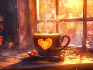Morning Warmth: A Steaming Cup of Coffee Captured in a Rustic Café Setting, cup of coffee on a table