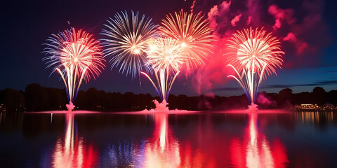 Red and White Fireworks Over Calm Lake at Night with Reflections on Water

