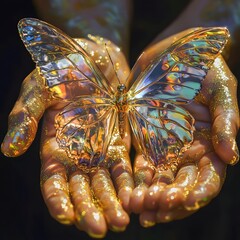 Art in Motion: Glimmering Liquid Gold Coating Every Curve of the Hand, butterfly on hand