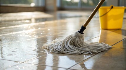 Close-up of a well-used mop swabbing a reflective, wet tile floor, with a bright yellow bucket subtly in the background