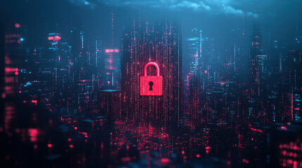 Obraz premium Glowing Padlock hologram, night panoramic city view