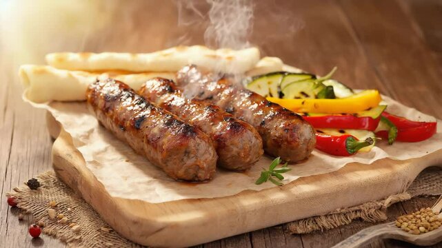 Kebapche, Bulgarian grilled meat, Juicy kebapche served with fresh bread and grilled vegetables, Warm browns and reds, Soft evening light, Savory and juicy feeling
