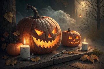 Spooky halloween jack o lanterns glow with candles and autumn leaves on wooden table