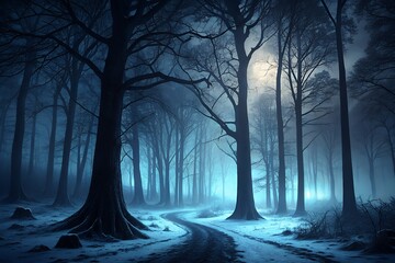 Mysterious winter forest path illuminated by ethereal blue light and faint moonlight