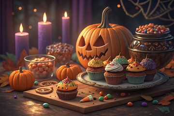 Festive halloween celebration with decorated cupcakes carved pumpkin and flickering candles on a wooden table