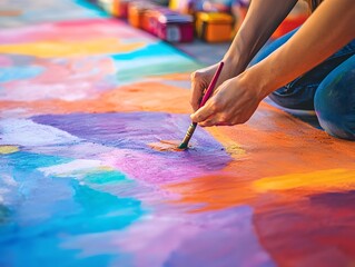 Artistic Focus: Painting a Vibrant Mural One Stroke at a Time, hand of a woman painting