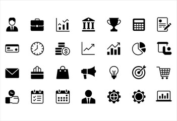 Collection of Business Icons Depicting Finance, Management, Communication, and Planning in a Simple and Clean Design