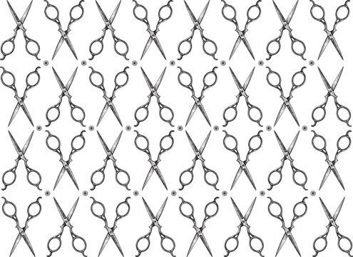 Seamless vintage scissors pattern in detailed sketch style. Perfect for wrapping paper, antique fabric, wallpaper, gift packaging, and barbershop or retro-themed holiday designs.