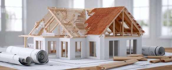 The detailed architectural model of a home under construction with plans.