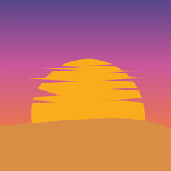 Stylized vector illustration of a sunset or sunrise over hills with a gradient sky. Great for backgrounds, nature scenes, landscape art, posters, or relaxing visual