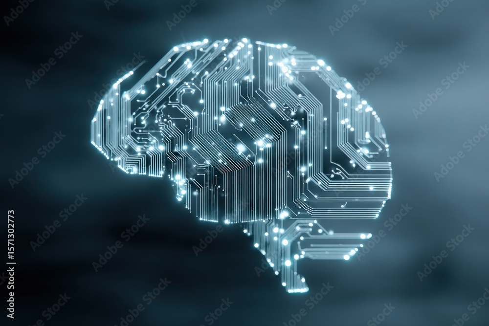 Aufkleber Futuristic digital brain hologram representing artificial ligence with glowing circuitry pattern and technological innovation concept