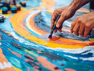 Colors in Motion: A Close-Up of Hands Bringing a Street Mural to Life, hand with paint brush