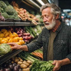 Portrait of a smiling senior man choosing fresh vegetables in a grocery store. Concept of healthy lifestyle, nutrition, and active aging.