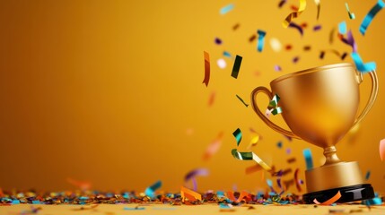 Celebration of achievement with a golden trophy and colorful confetti