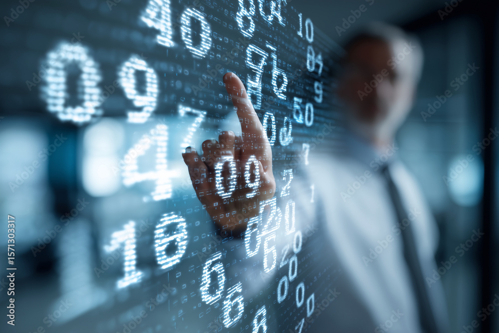 Fototapete A man is pressing a button on a computer screen with a large number of numbers