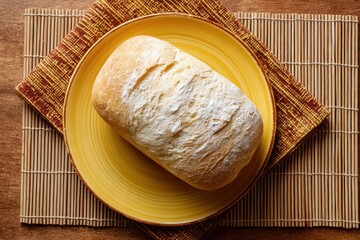 White bread on a yellow dish atop a wood mat