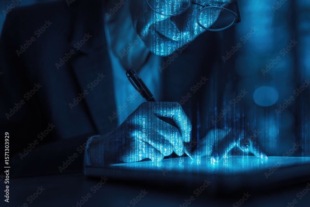 Aufkleber Businessperson Analyzing Data and Digital Financial Charts on a Tablet with Digital Augmented Reality Elements in a Modern Office Environment