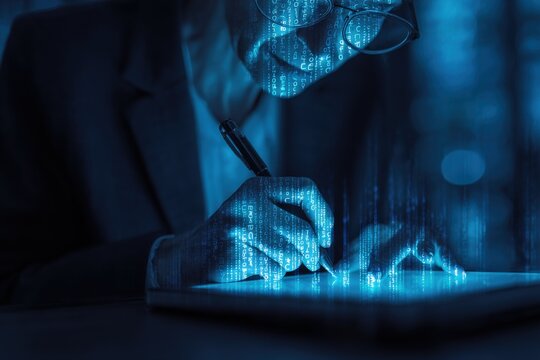 Businessperson Analyzing Data and Digital Financial Charts on a Tablet with Digital Augmented Reality Elements in a Modern Office Environment