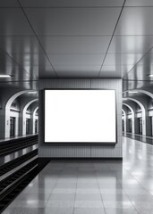 In a stark minimalist urban subway station a blank illuminated billboard stretches majestically across the entire wall offering a pristine canvas for your creative mockups The station's symmetrical ar